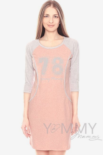 Платье для дома и сна розовый меланж / серый с принтом