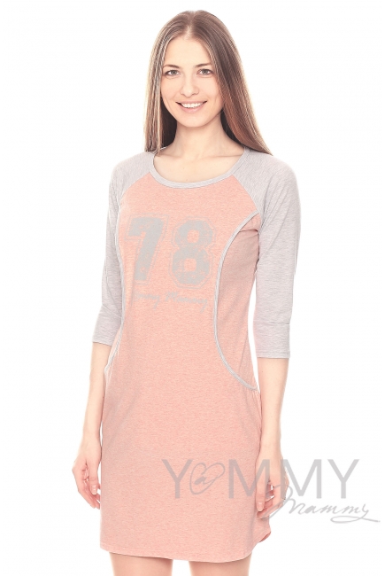 Платье для дома и сна розовый меланж / серый с принтом