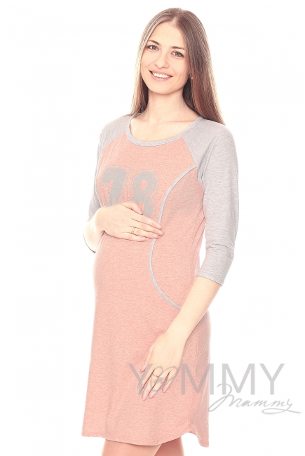 Платье для дома и сна розовый меланж / серый с принтом