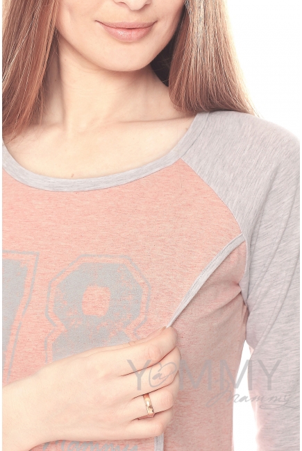 Платье для дома и сна розовый меланж / серый с принтом