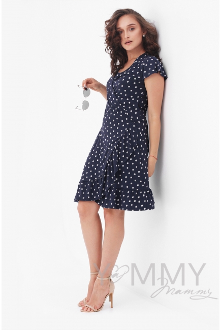 Платье для кормящих и беременных на запах, синее в горошек