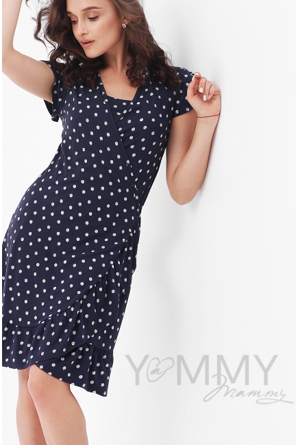 Платье для кормящих и беременных на запах, синее в горошек