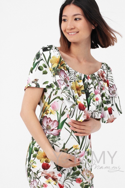 Платье "майка" для беременных и кормящих с воланом на плечах, цвет экрю / цветы