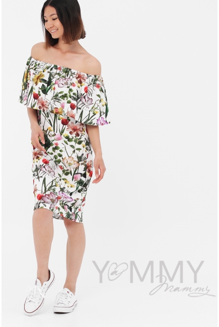 Платье "майка" для беременных и кормящих с воланом на плечах, цвет экрю / цветы