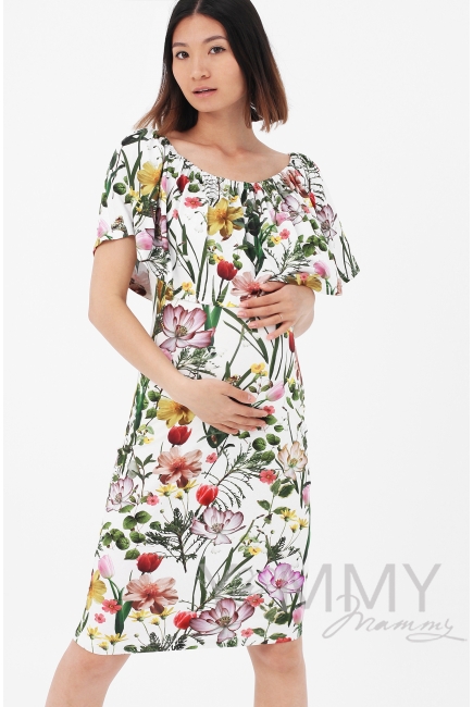 Платье "майка" для беременных и кормящих с воланом на плечах, цвет экрю / цветы