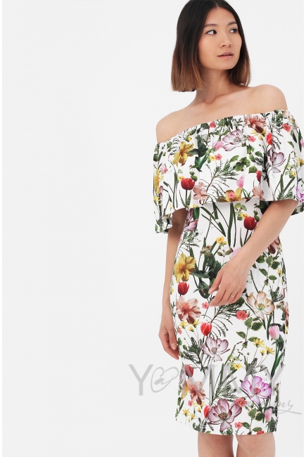 Платье "майка" для беременных и кормящих с воланом на плечах, цвет экрю / цветы