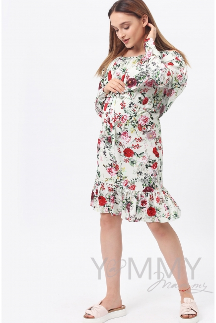 Платье для беременных и кормящих с воланом и длинным рукавом, цветочный принт