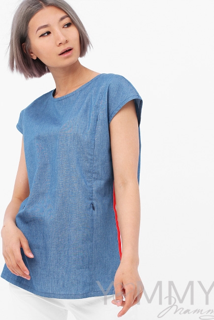 Блуза для беременных и кормящих джинс с лампасами, цвет синий