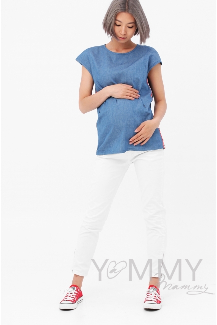 Блуза для беременных и кормящих джинс с лампасами, цвет синий