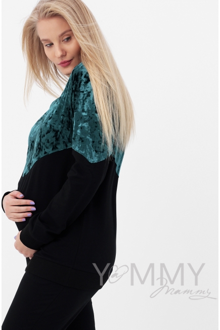 Джемпер для беременных и кормящих с велюром, черный/изумруд