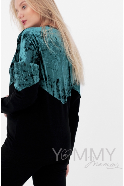 Джемпер для беременных и кормящих с велюром, черный/изумруд