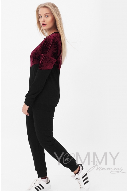 Джемпер для беременных и кормящих с велюром, цвет черный/бордо
