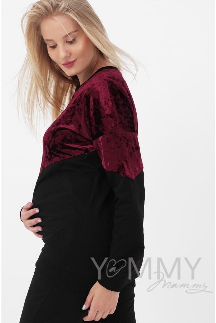 Джемпер для беременных и кормящих с велюром, цвет черный/бордо