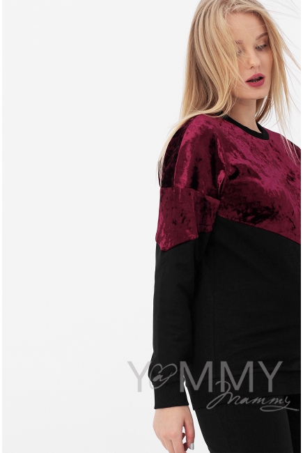 Джемпер для беременных и кормящих с велюром, цвет черный/бордо