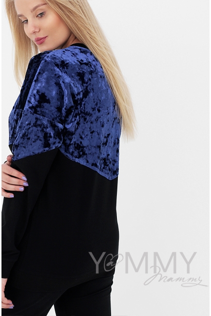 Джемпер для кормящих и беременных с велюром, цвет черный/синий