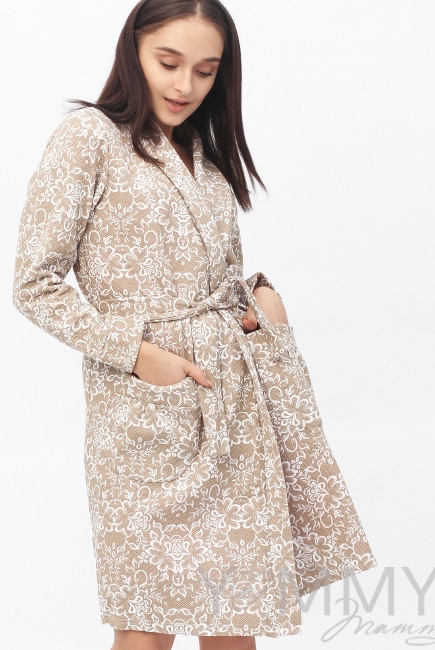 Халат для беременных и кормящих с цветочным принтом, бежевый
