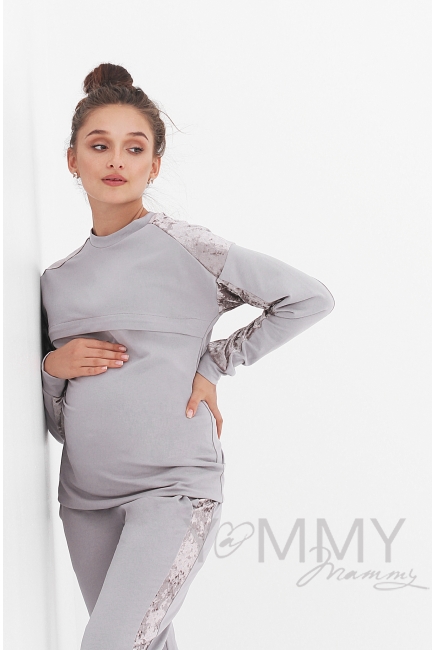Костюм для беременных и кормящих с отделкой из велюра, серый