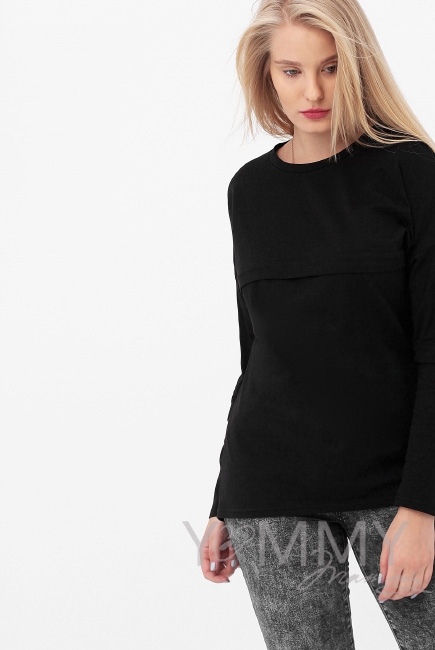 Лонгслив для кормящих и беременных с горизонтальной молнией, черный