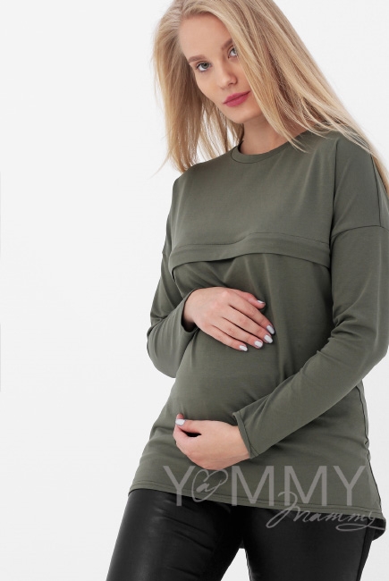 Лонгслив для беременных и кормящих с горизонтальной молнией, хаки