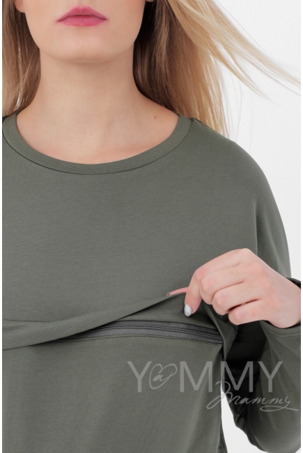 Лонгслив для беременных и кормящих с горизонтальной молнией, хаки