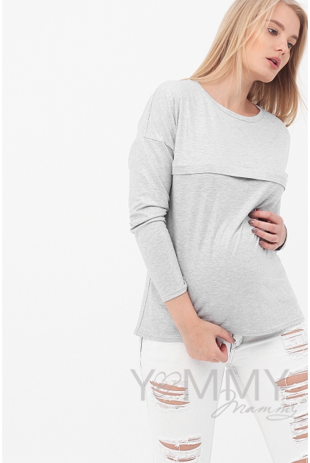 Лонгслив для кормящих и беременных с горизонтальной молнией, цвет серый меланж с блеском