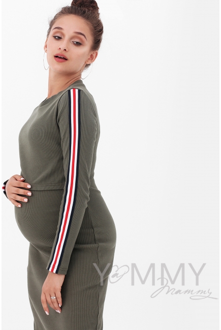 Платье для кормящих и беременных с лампасами, цвет хаки