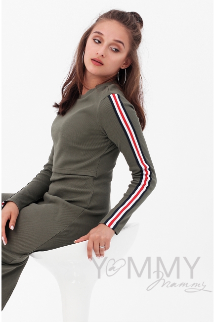 Платье для кормящих и беременных с лампасами, цвет хаки