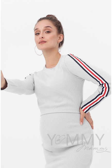 Платье для беременных и кормящих с лампасами, серое