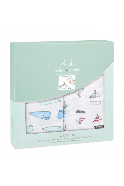 Муслиновые пеленки для новорожденных Aden&Anais, большие, набор 2, Wales+Boats