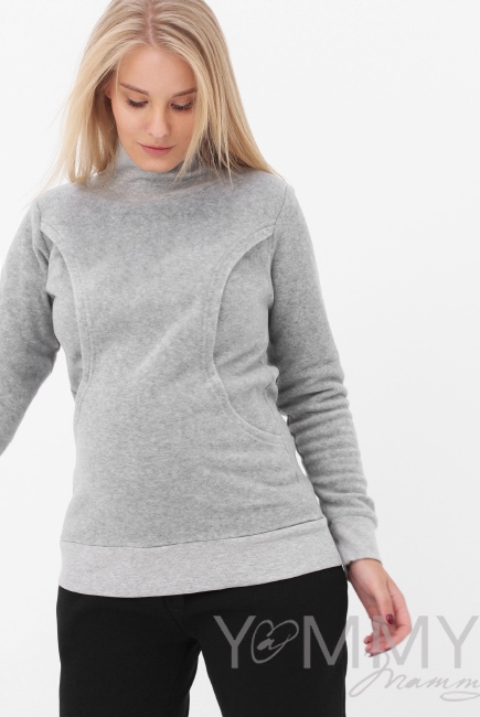 Джемпер для кормящих и беременных флисовый с высоким горлом, серый меланж