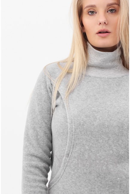 Джемпер для кормящих и беременных флисовый с высоким горлом, серый меланж