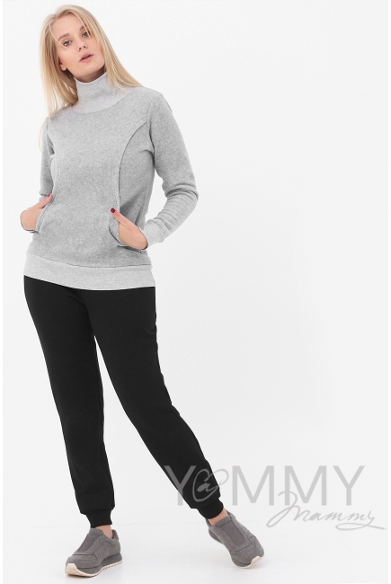 Джемпер для кормящих и беременных флисовый с высоким горлом, серый меланж