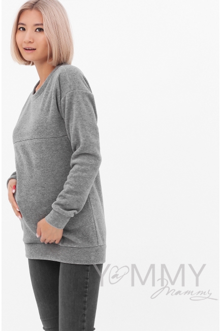 Джемпер для беременных и кормящих флисовый, темно-серый меланж