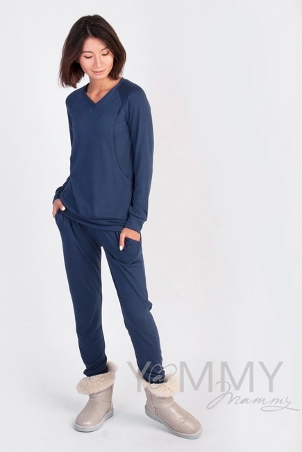 Костюм для беременных и кормящих из джемпера и брюк, темно-синий меланж