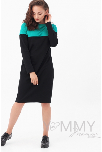 Платье для беременных и кормящих колор-блок, черное с зеленым