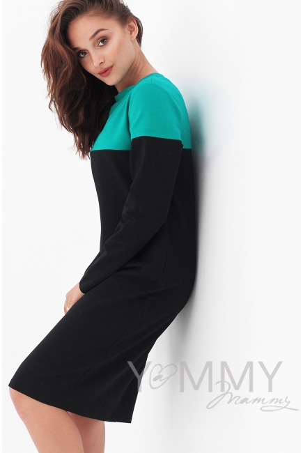 Платье для беременных и кормящих колор-блок, черное с зеленым