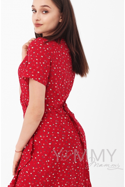 Платье для кормящих и беременных на запах с цветочным принтом, цвет красный