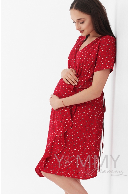 Платье для кормящих и беременных на запах с цветочным принтом, цвет красный