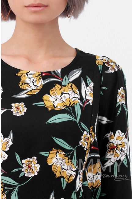 Блуза для кормящих и беременных, черная/цветы