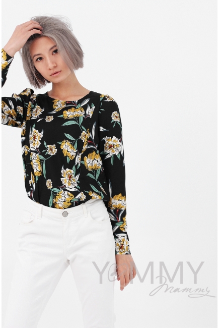 Блуза для кормящих и беременных, черная/цветы