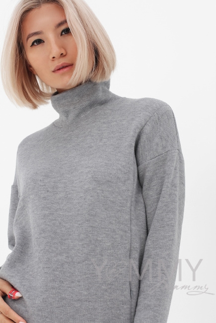 Джемпер для беременных и кормящих с воротником стойкой, серый меланж