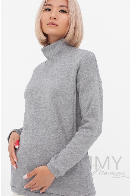 Джемпер для беременных и кормящих с воротником стойкой, серый меланж