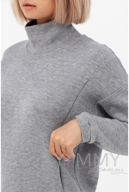 Джемпер для беременных и кормящих с воротником стойкой, серый меланж