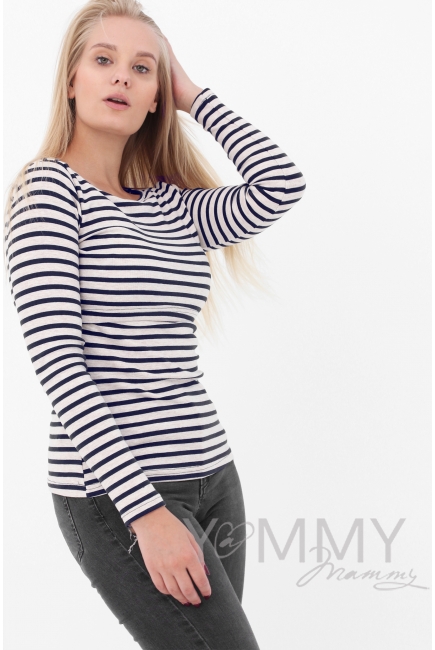 Лонгслив для кормящих и беременных, бежевый в синюю полоску