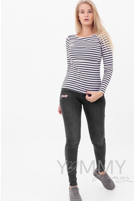 Лонгслив для кормящих и беременных, бежевый в синюю полоску