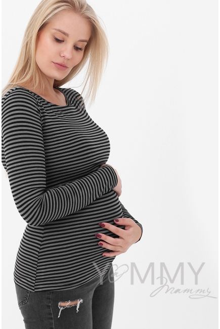 Лонгслив для беременных и кормящих, серый в черную полоску