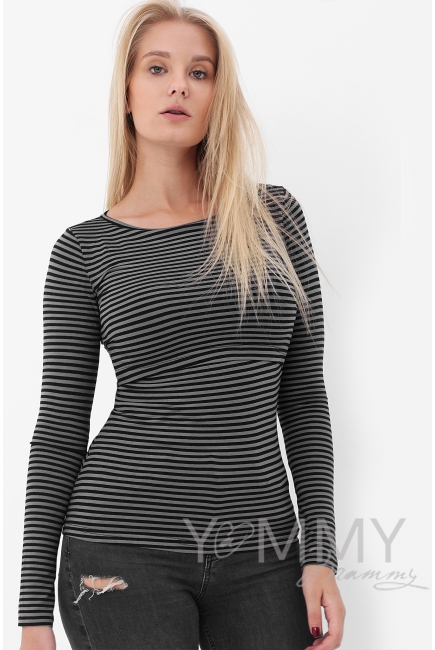 Лонгслив для беременных и кормящих, серый в черную полоску