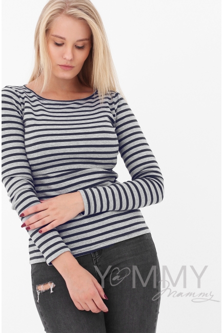 Лонгслив для беременных и кормящих, серый в синюю полоску