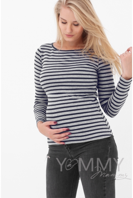 Лонгслив для беременных и кормящих, серый в синюю полоску
