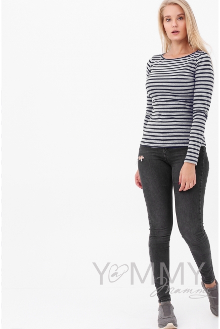 Лонгслив для беременных и кормящих, серый в синюю полоску